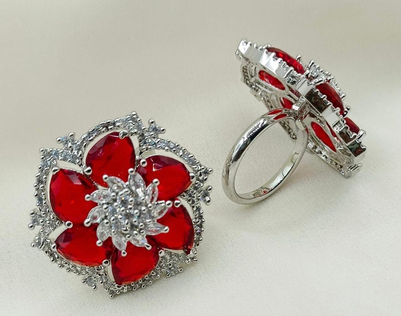 AD Stone Silver Adjustable Ring ( Flower Shape )