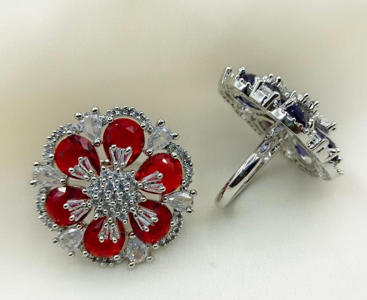 AD Stone Silver Adjustable Ring ( Flower Shape )