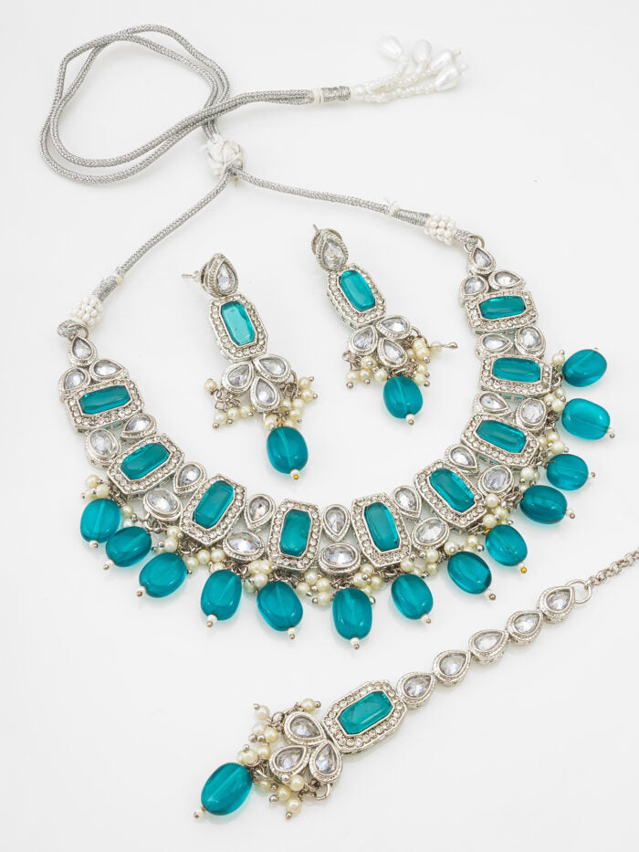 Silver Plated Blue Stone Necklace WIth Earrings and Mangtikka