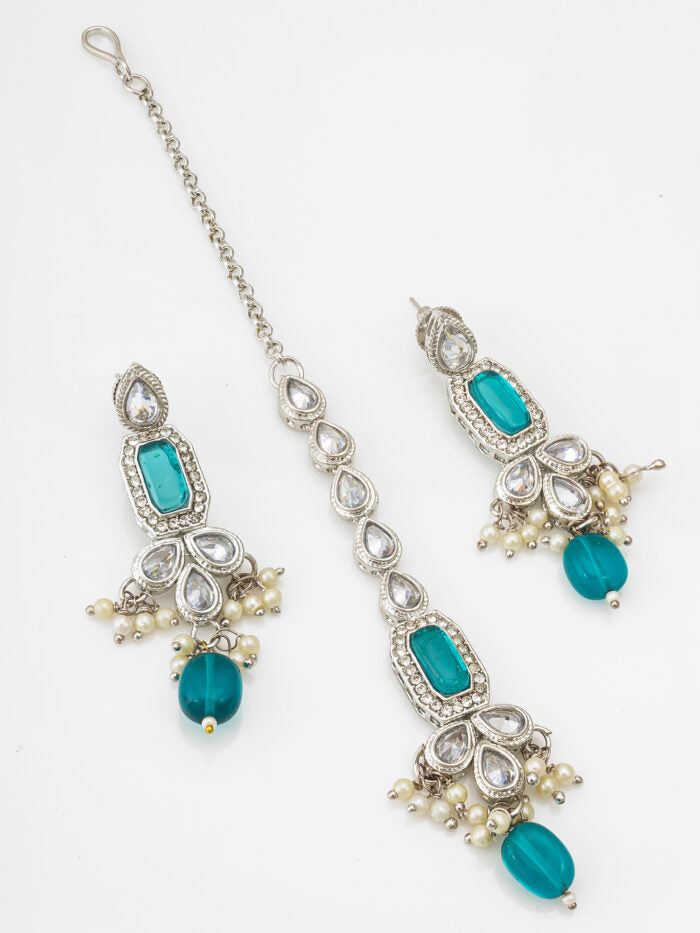 Silver Plated Blue Stone Necklace WIth Earrings and Mangtikka