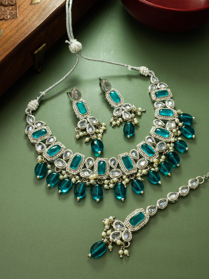 Silver Plated Blue Stone Necklace WIth Earrings and Mangtikka