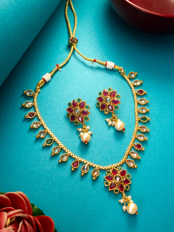 Gold Plated Multicolor Necklace With Earrings