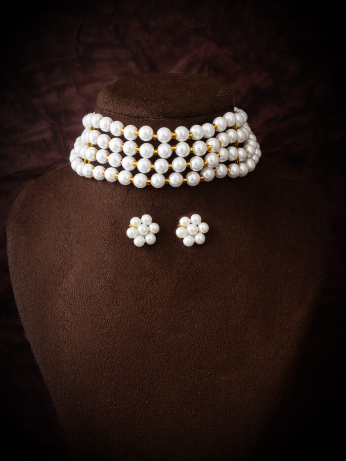 Kundan Pearl Necklace With Floral Earrings